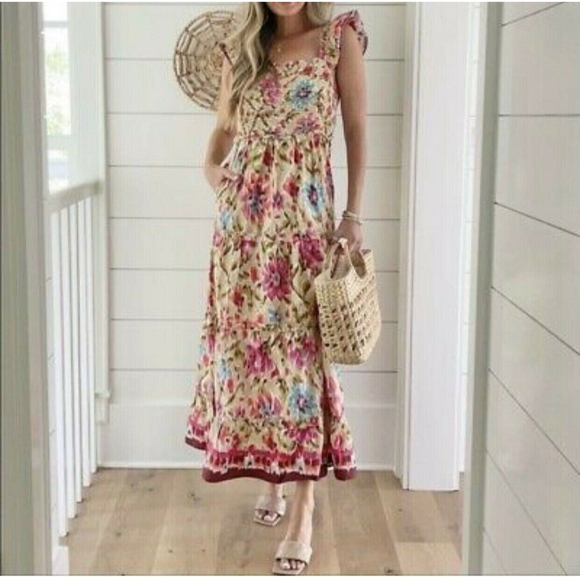 House Of Harlow Floral Cottagecore Maxi Dress S Smocked Ruffled Boho Peasant - Picture 2 of 10